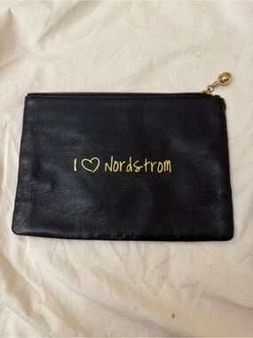 Nordstrom Black Vegan Leather Gold Logo Zip Pouch